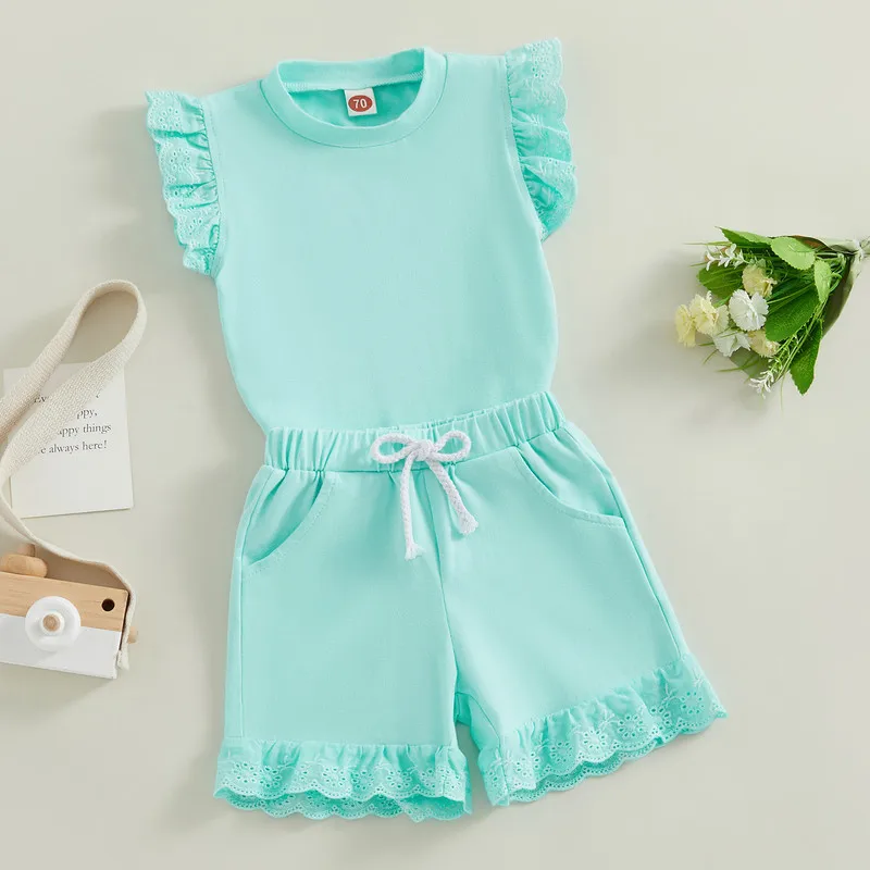 

Newborn Baby Girl Short Sets Summer Clothes Flying Sleeve Round Neck T-Shirt with Ruffled Shorts Baby Clothing