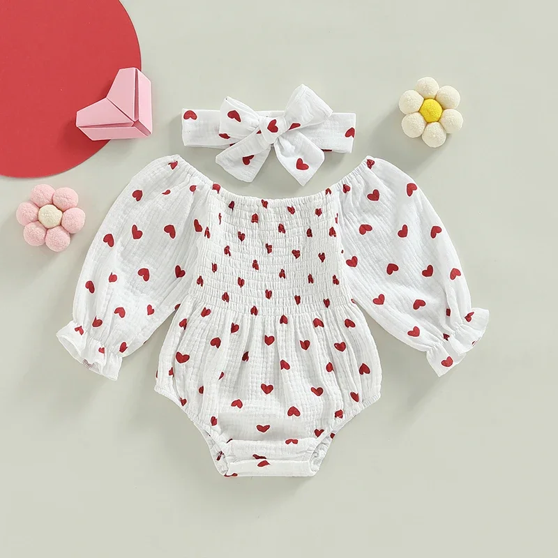 Baby Girls Valentine's Day Kids Romper Heart Print Long Sleeve Boat Neck Jumpsuits Infant Autumn Winter Bodysuits with Headband