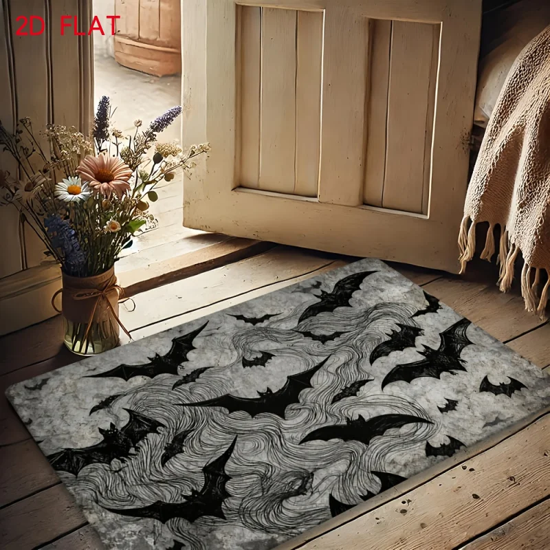 Vintage Hand Painted Black Bat Area Rug Non Slip Washable Floor Mat For Bathroom Kitchen Home Decor