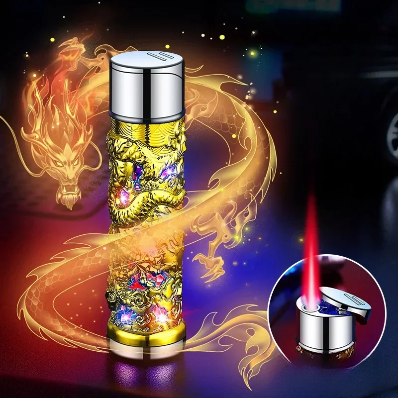 Colorful LED Butane Gas Inflatable Torch Lighter, Windproof Metal, Press Igniton, Embossed, Smoking Accessories, Cigarette Gifts