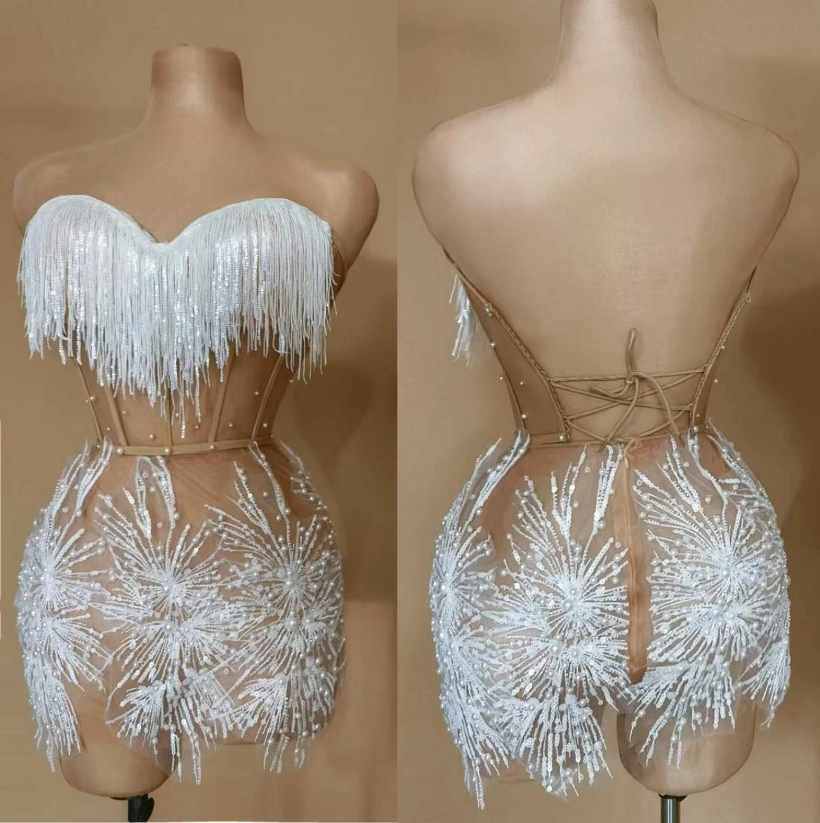 White Snow Backless Sexy Fringe Women Sheer Dress Dance Outfit Pearls Stunning Stage Singer Wear Drag Queen Costume