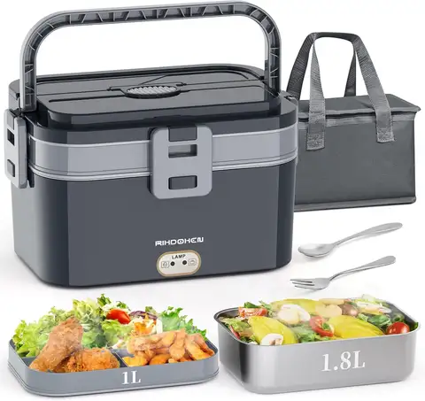 80W Electric Lunch Box Heater 2.8L Double Layer, 12V/24V/110V Portable Stainless Steel Food Warmer with Bag, Spoon, Fork