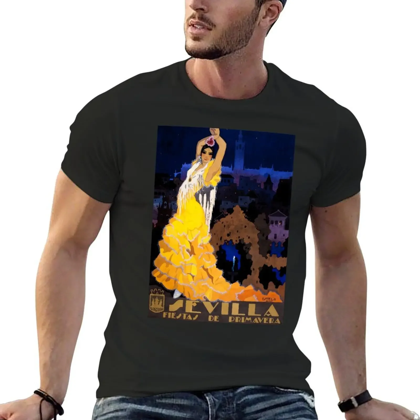 

Vintage Seville Spain Travel Poster | Flamenco Dancer T-Shirt customizeds oversized graphic tee mens graphic t-shirts hip hop