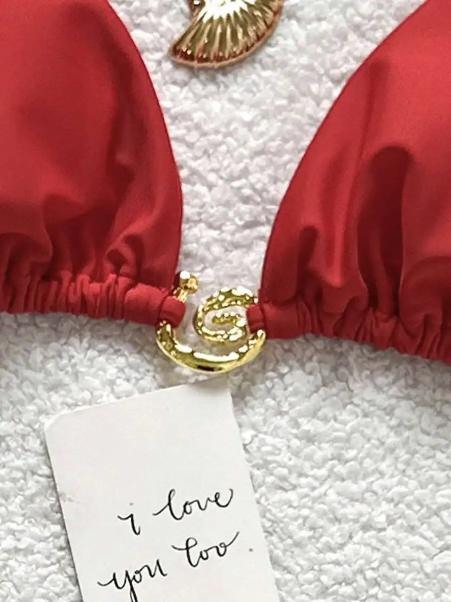

Red Solid Halter Tie Knot Bikini Top And Bottom Set For Women Beach Vacation Swimwear