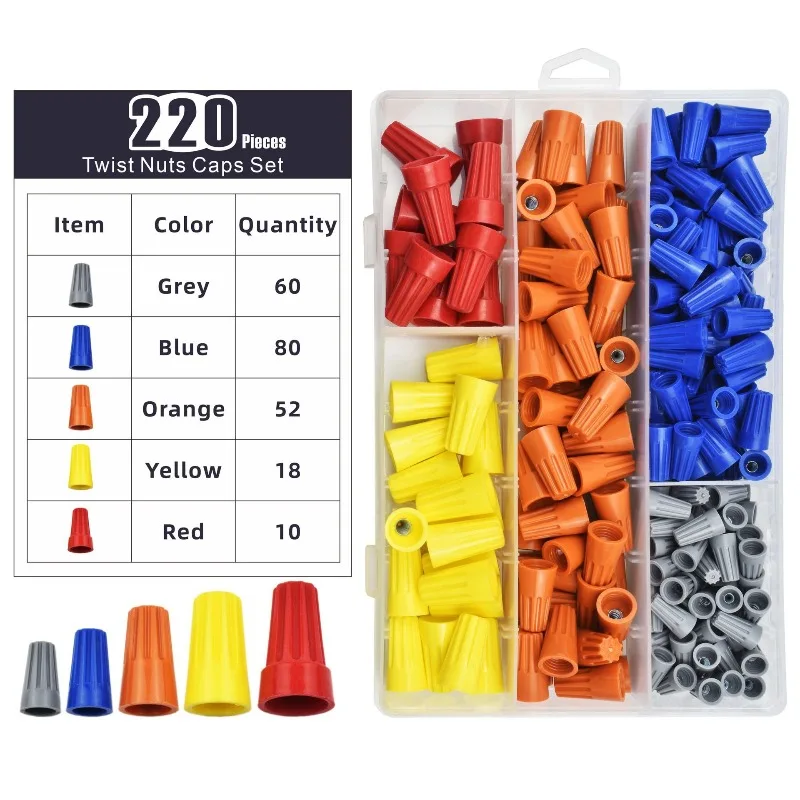 220Pcs Spring Insert Electrical Wire Caps Threaded Connector Screw Terminals Insulated Wire Connectors Kit Quick Installation