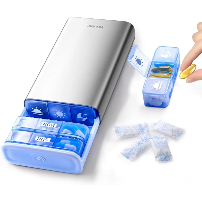 

Большой еженедельный органайзер для таблеток Vaydeer 3 раза в день, металлическая 7-дневная дорожная коробка для таблеток с двойной защитой, портативный футляр для таблеток для