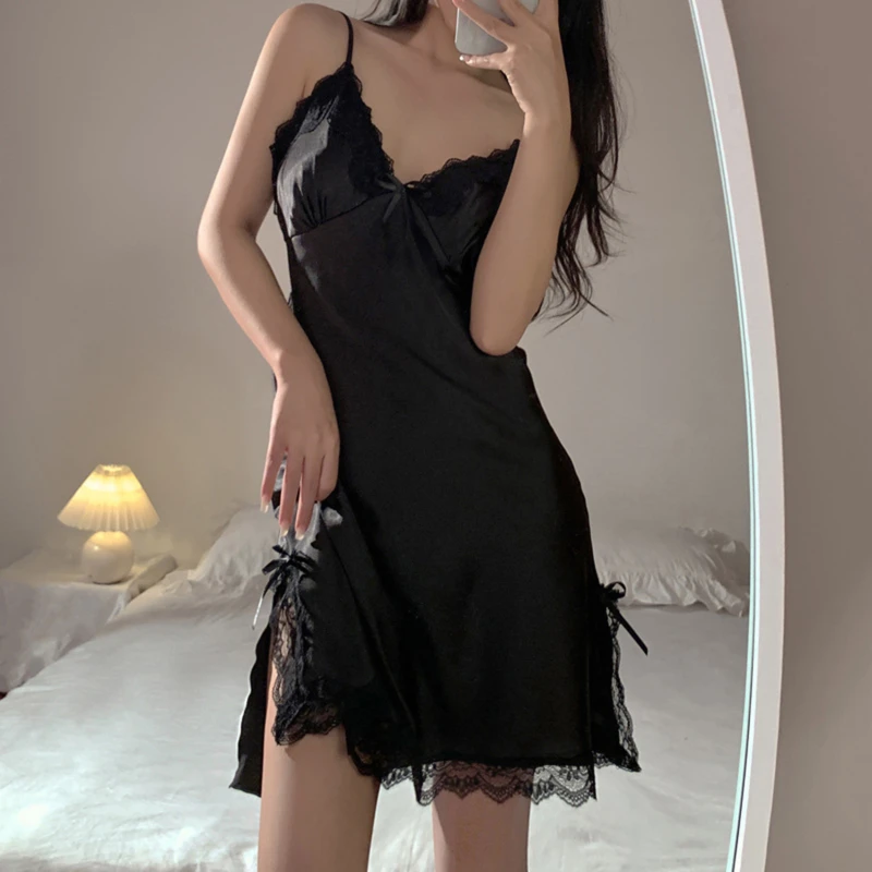 Summer Backless Faux Silk Nightdress With Bra Patchwork Women Sexy Suspender Nightgown Sleepwear Hollow Lace Intimate Lingerie