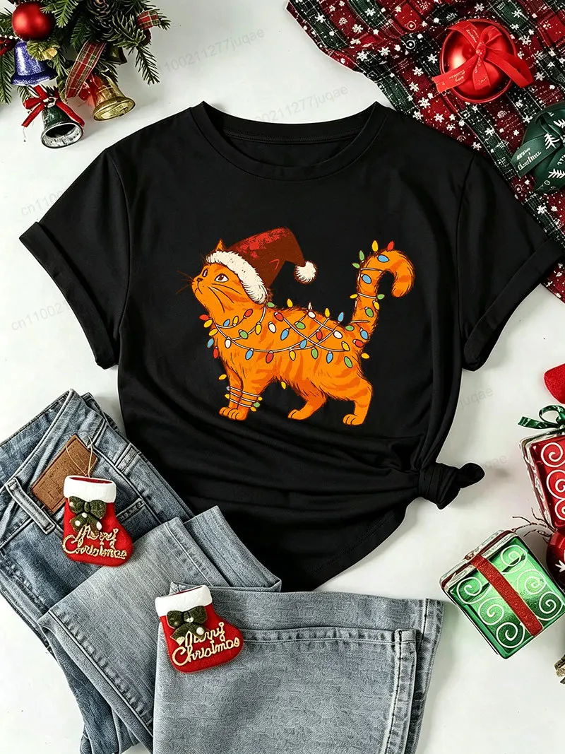 Christmas Cat Graphic T‑Shirt Orange Cat with Santa Hat Xmas T-Shirts Women Men Short Sleeve Tee Xmas Holiday Tops Gifts