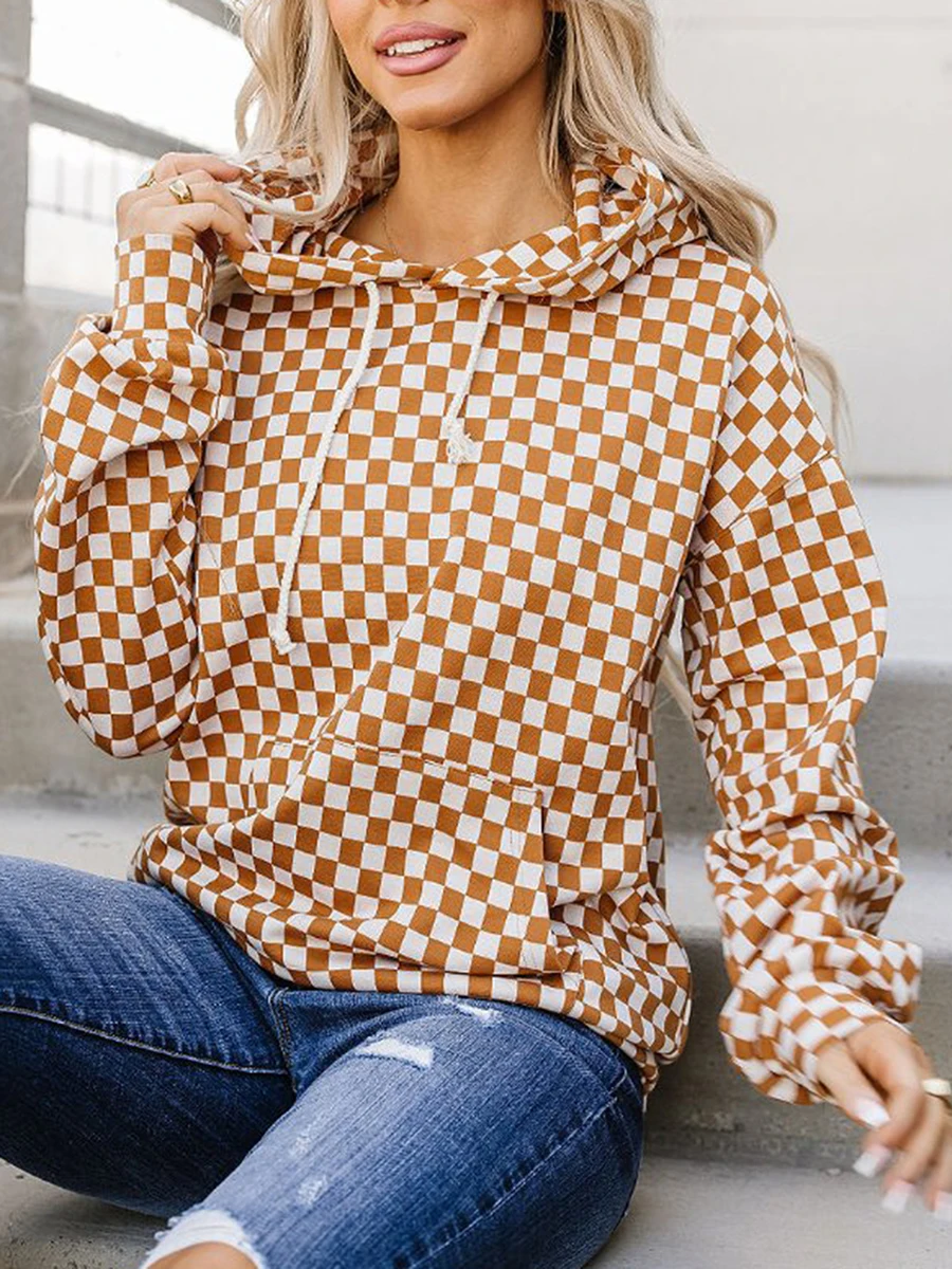 Women’s Oversized Hoodies Fashion Checkered Print Long Sleeve Baggy Sweatshirts Thermal Tops