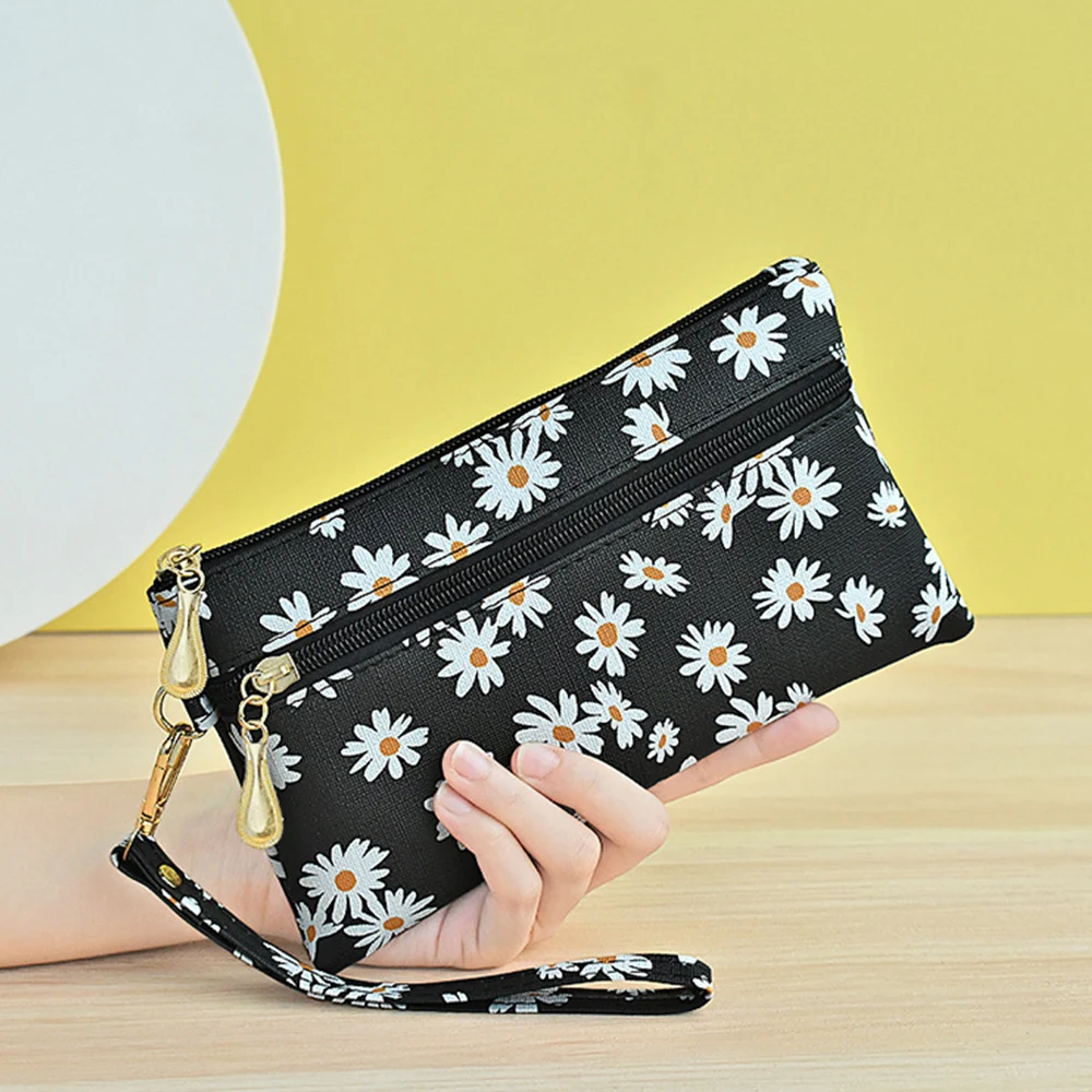 

Women Leather 2 zipper Coin Purse Wallet With Card Slots Daisy Flower Money Bags Change Purses Kids Mini Wallets Key Holder