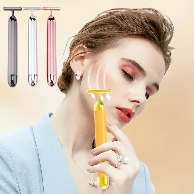 Rodillo de barra de Estiramiento Facial de oro de 24k, masajeador adelgazante con vibración, palo Facial, belleza, cuidado de la piel, herramienta vibratoria en forma de T