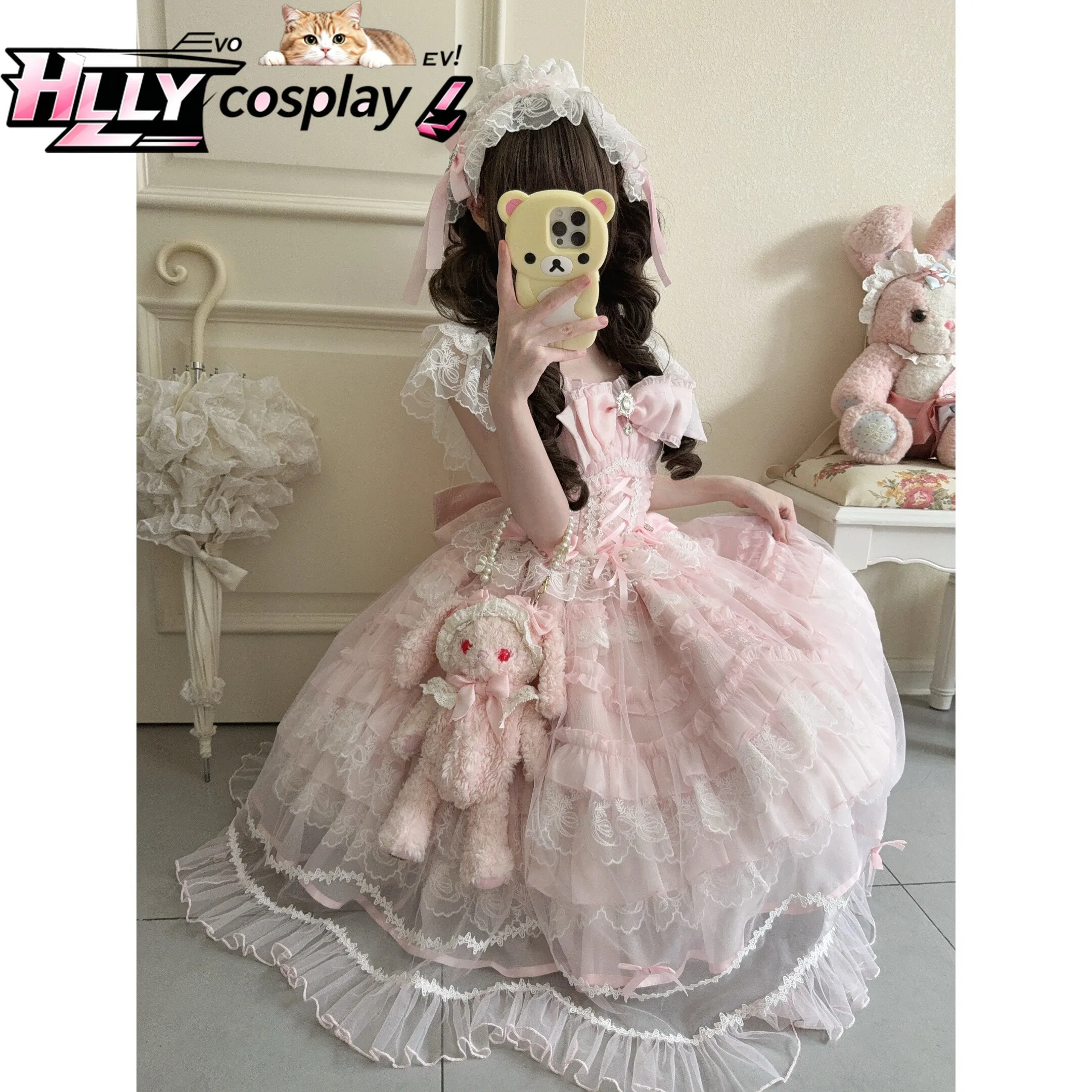 

New Light Wedding Lolita JSK Pink Lace Ruffles Bow Layered Hem Camisole Suspender Dress for Women Girls Sweet Elegant Balletcore