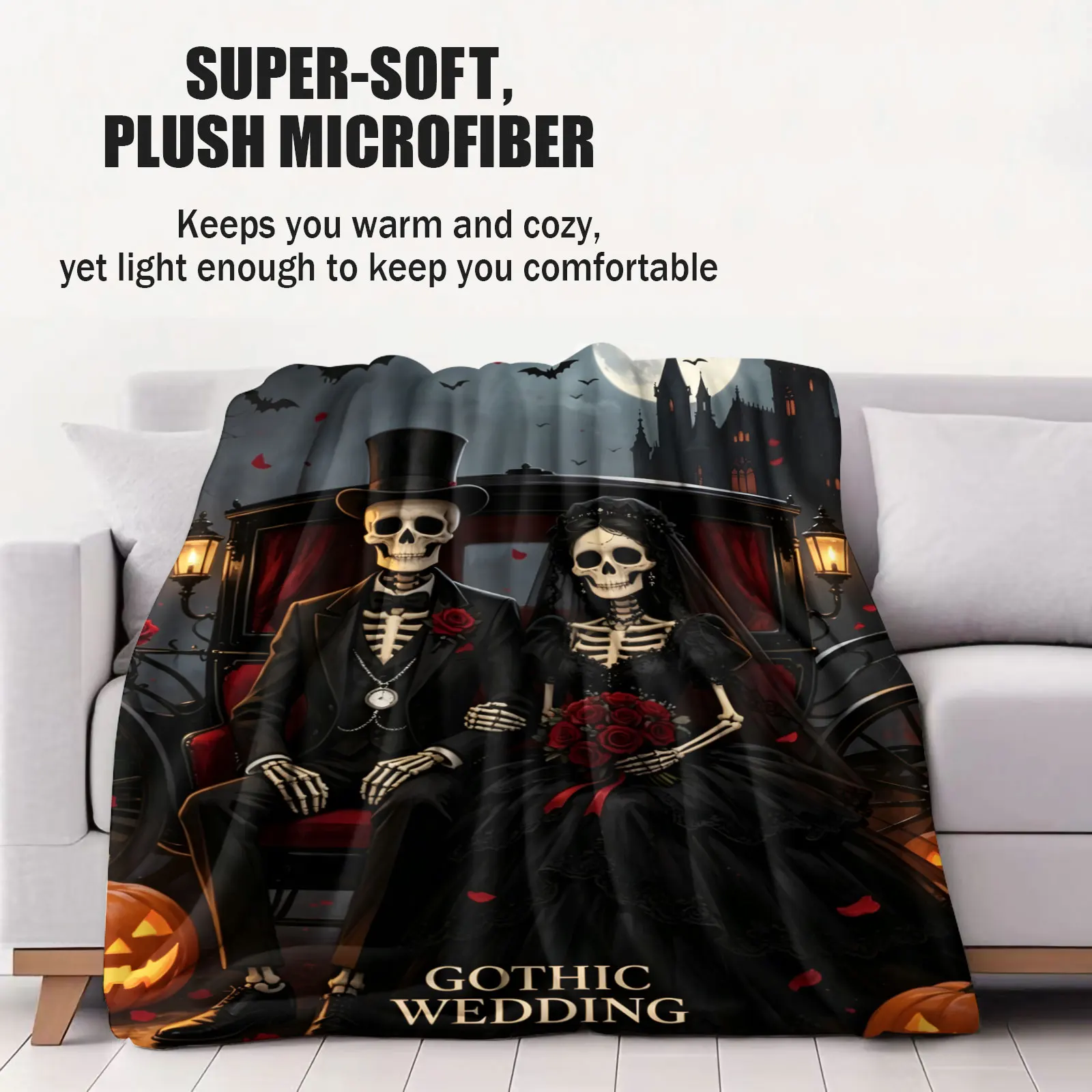Halloween Gothic Skeleton Wedding Couple Flannel Throw Blanket Vintage Dark Castle Pumpkin Red Rose Pattern Soft Plush Blanket