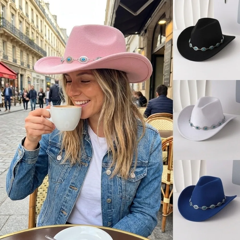 Turquoise Cowboy Hat Wide Curved Brim Metal Chain Decor Felt Fedora Hat Unisex High Crown Western Cowgirl Hat