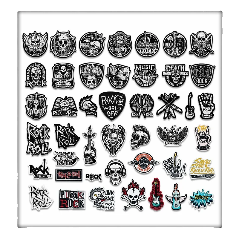 Rock Roll Embroidery Iron on Patches Punk Style Cloth Appliques Hard Rock Heavy Metal Music Emblem Black Skull Emblem for Jacket