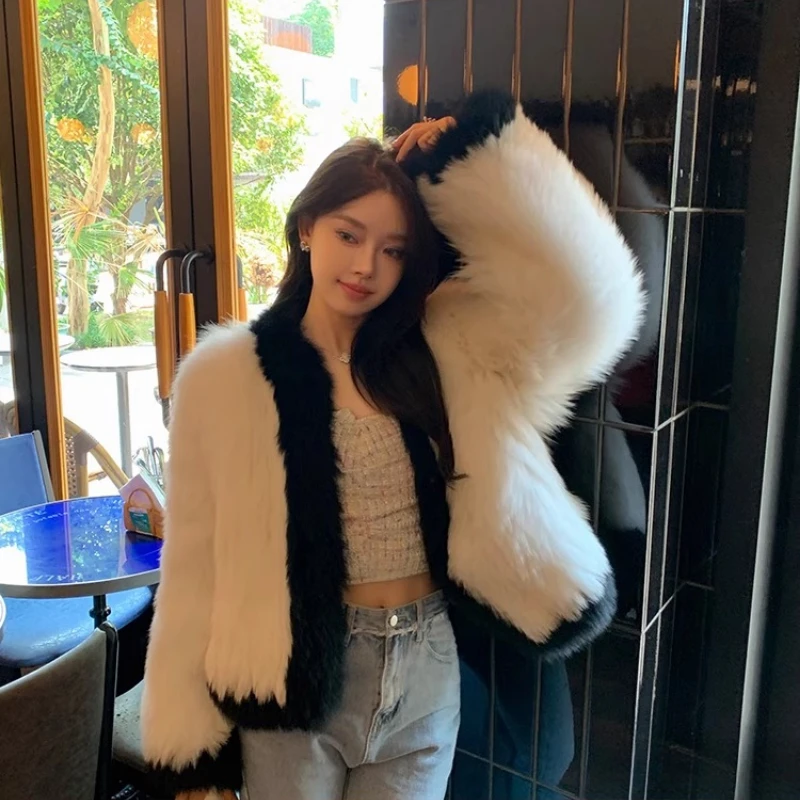YOLANFAIRY autumn and winter Fox fur coat Round-neck long-sleeved woven black and white contrasting short style шуба 2025