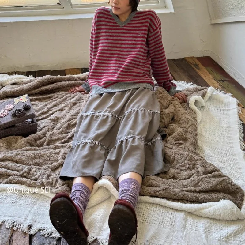 Streetwear Contrast Color Patchwork Loose A-line Skirt Women 2025 Autumn High Waist All-match Pleated Casual Mid-length Skirt