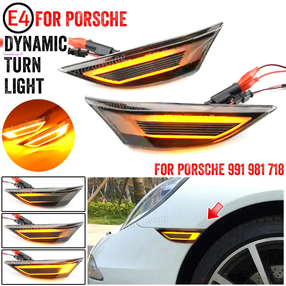 2x LED Dynamic Front Bumper Reflector Side Marker Light Turn Signal Lamps For Porsche 911 Carrera 991 Boxster 981 Cayman 982 GT2