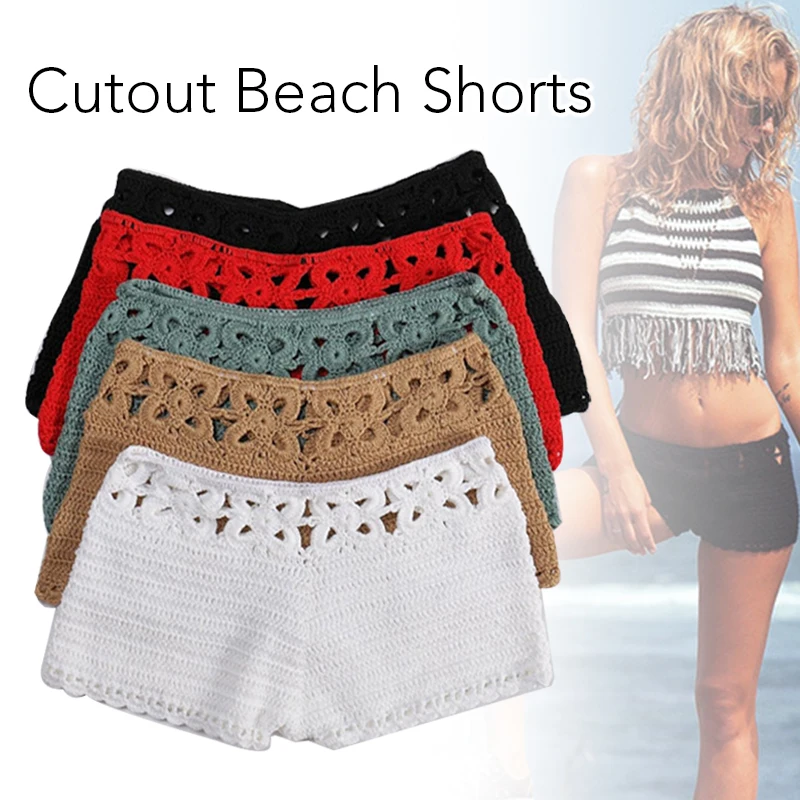 Women Summer Solid Knit Crochet Shorts Sexy Female Hot Hollow Out Short Pants Holiday Beachwear Crochet Cotton Net Loose Shorts