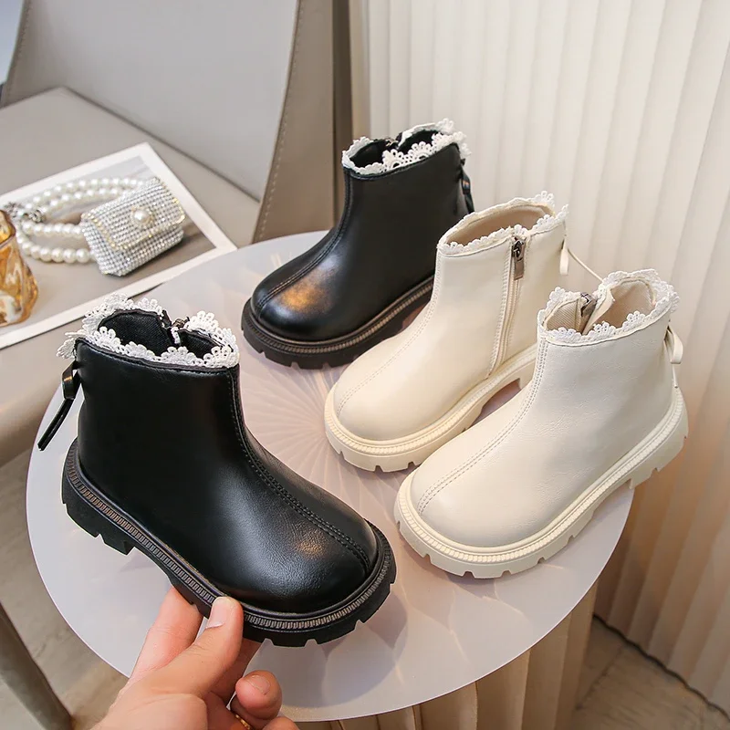 

2025 Autumn New Girls Short Boots with Sweet Lace Kids Princess Boots Fashion Versatile Children Ankle Boots with Side Zipper