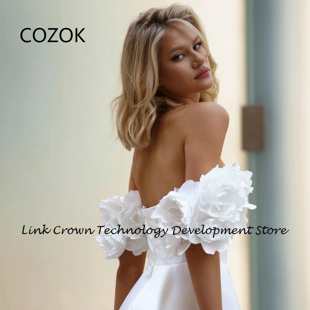 COZOK Boat Neck Wedding Dresses for Women White Side Slit Satin Bridal Gowns with Pleat 2024 Summer New Vestidos De Novia