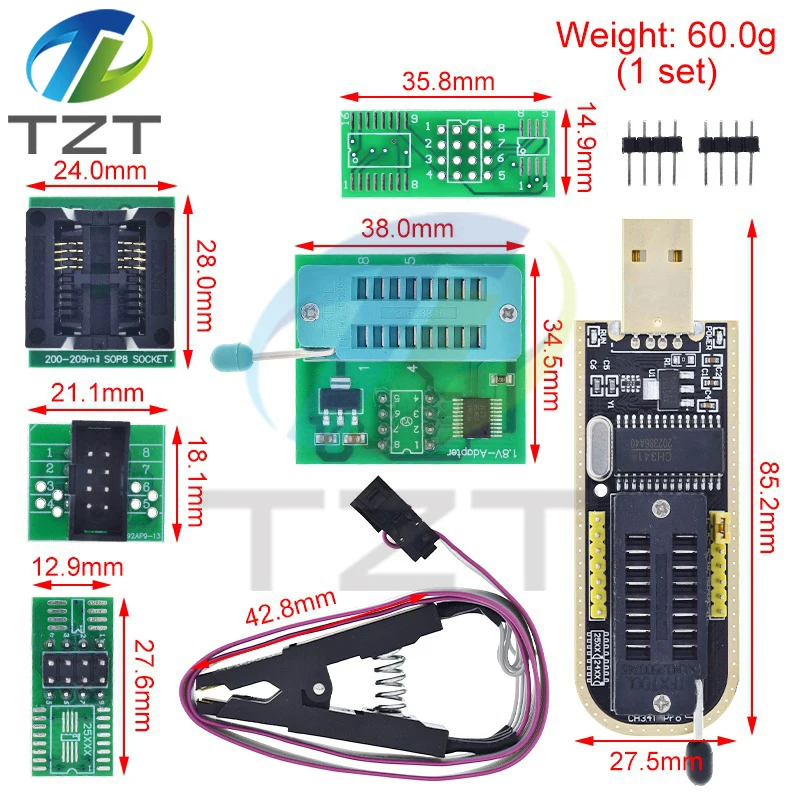 CH341A CH341B 24 25 Series EEPROM Flash BIOS USB Programmer Module + SOIC8 SOP8 Test Clip + 1.8V adapter + SOIC8 adapter DIY KIT