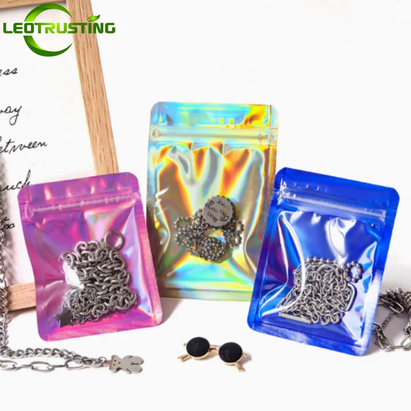 

100PCS Flat Holographic Laser Ziplock Bag DIY Xmas Jewelry Badge Nail Beauty Chains Snack Candy Wedding Gifts Packaging Pouches