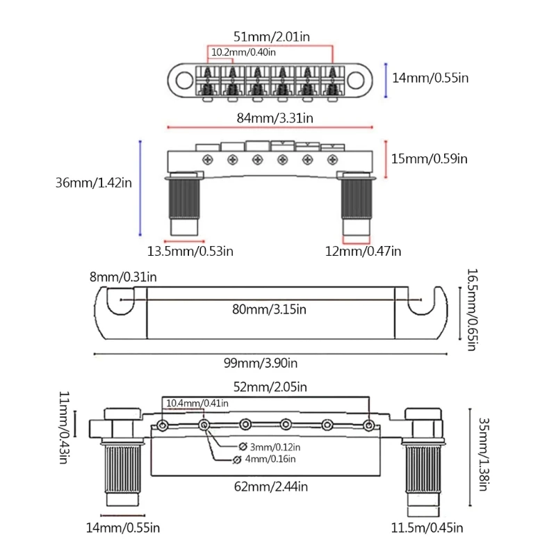 Tune O Matic Bridge, Rollers Saddle Tune O-Matic Guitar Bridge with Tailpiece and Studs for LP Guitar Replacements Set