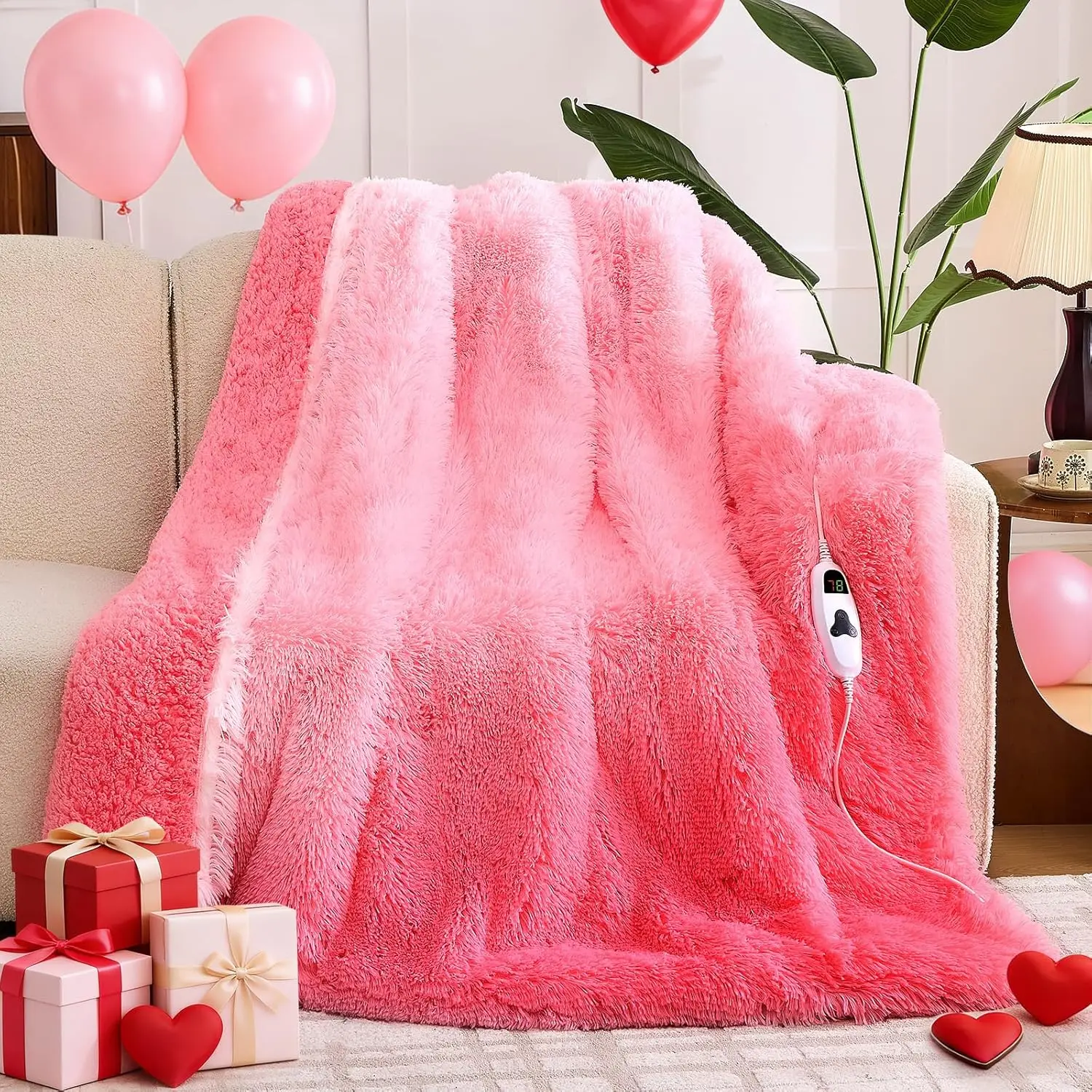

Pink Faux Fur Heated Throw Blanket with 10 Heat & 5 Timer Settings, Warm Gift for Women
