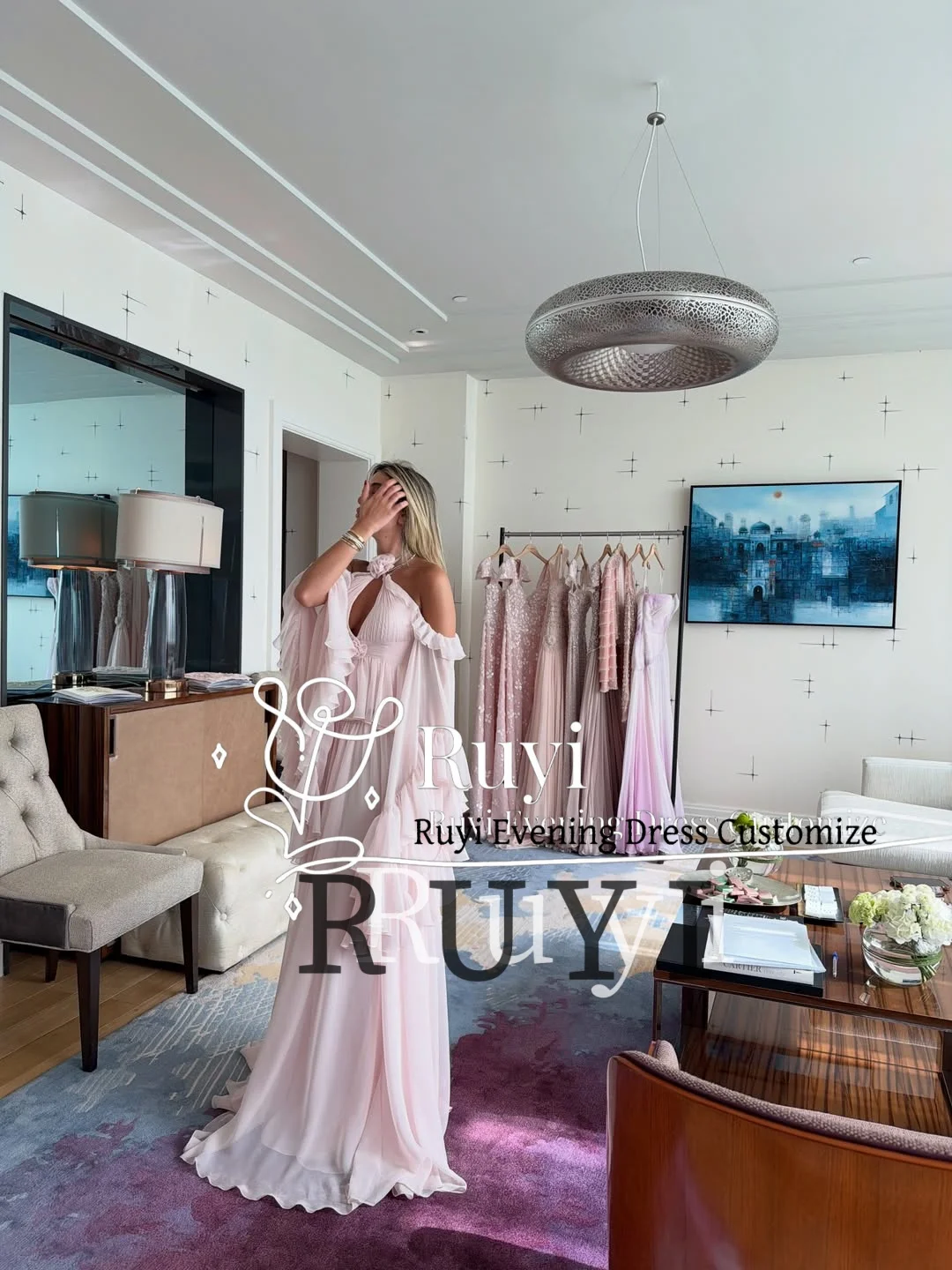 Customized Formal Evening Dress Off Shoulder Light Pink Prom Gown Keyhole Neckline Tiered Ruffled Sleeves Elegant Party Dress
