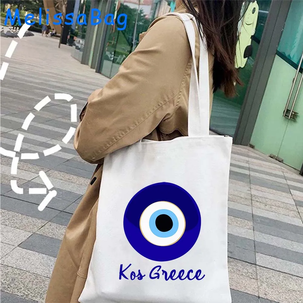 Greek Turkish Colorful Nazar Blue Evil Eye Hamsa Hand Girl Shopper Canvas Tote Bag Amulet GREECE Shoulder Cotton Female Handbag