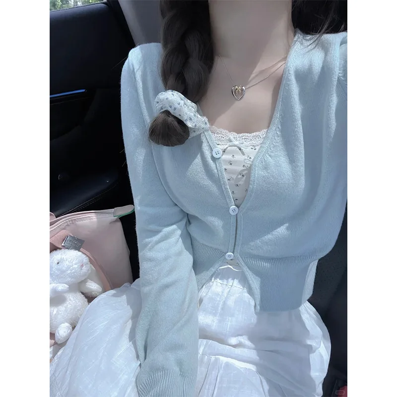 

Нежный темпераментный вязаный кардиган, универсальный повседневный женский короткий дизайн с v-образным вырезом, простой кардиган, куртка, новая женская одежда