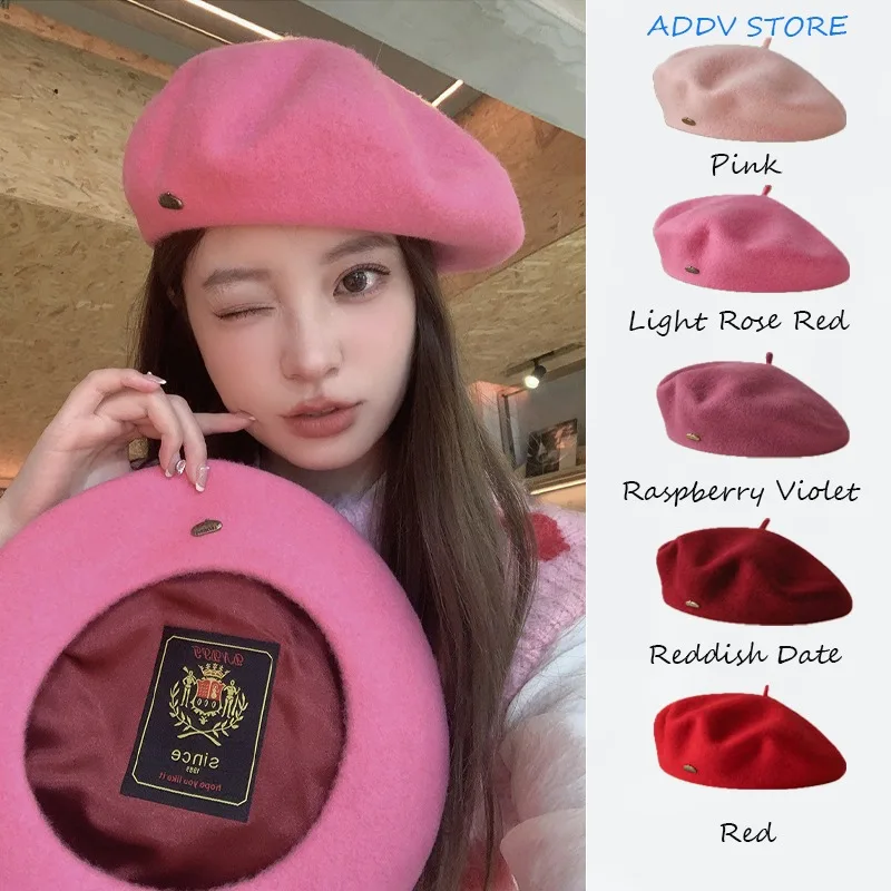 Women\'s Winter High Quality Wool Beret Metal Copper Buckle Solid Color Painter Hat Satin Embroidery Vintage Logo Beanie Hat