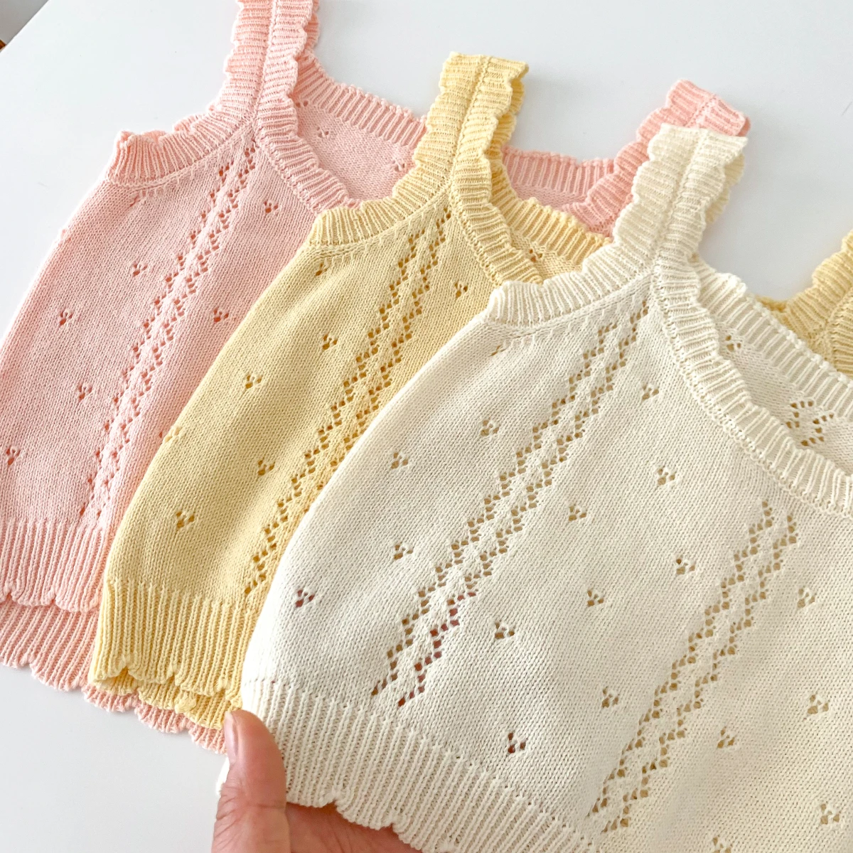 2023 Summer New In Kids Baby Girls Sleeveless Knitted Solid Color Hollow-out Top+Shorts Children Fasion Clothing Set 2pcs 6M-6Y