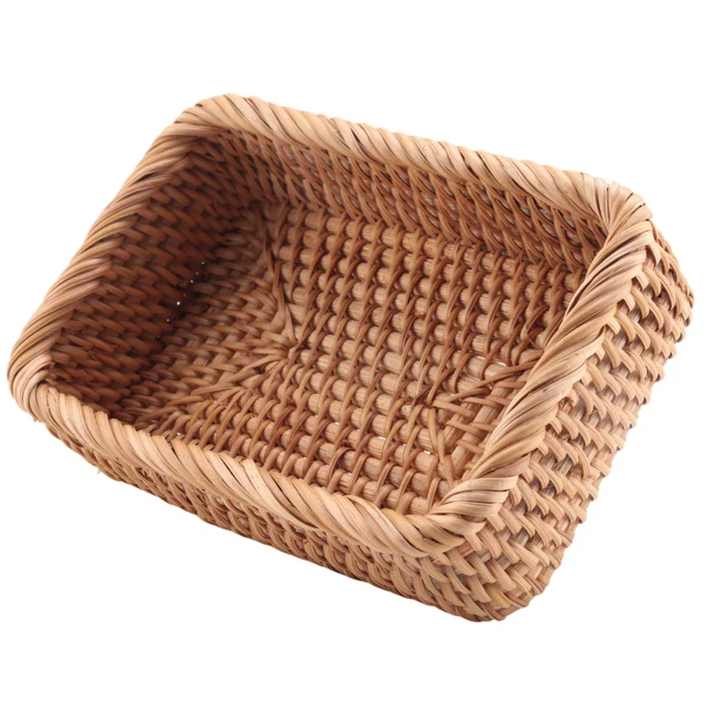 WORTHOWN-4X handgewebter rechteckiger Rattan-Weidenkorb für Obst, Tee, Snack, Brot, Picknick, Kosmetik, Aufbewahrungsbox, S