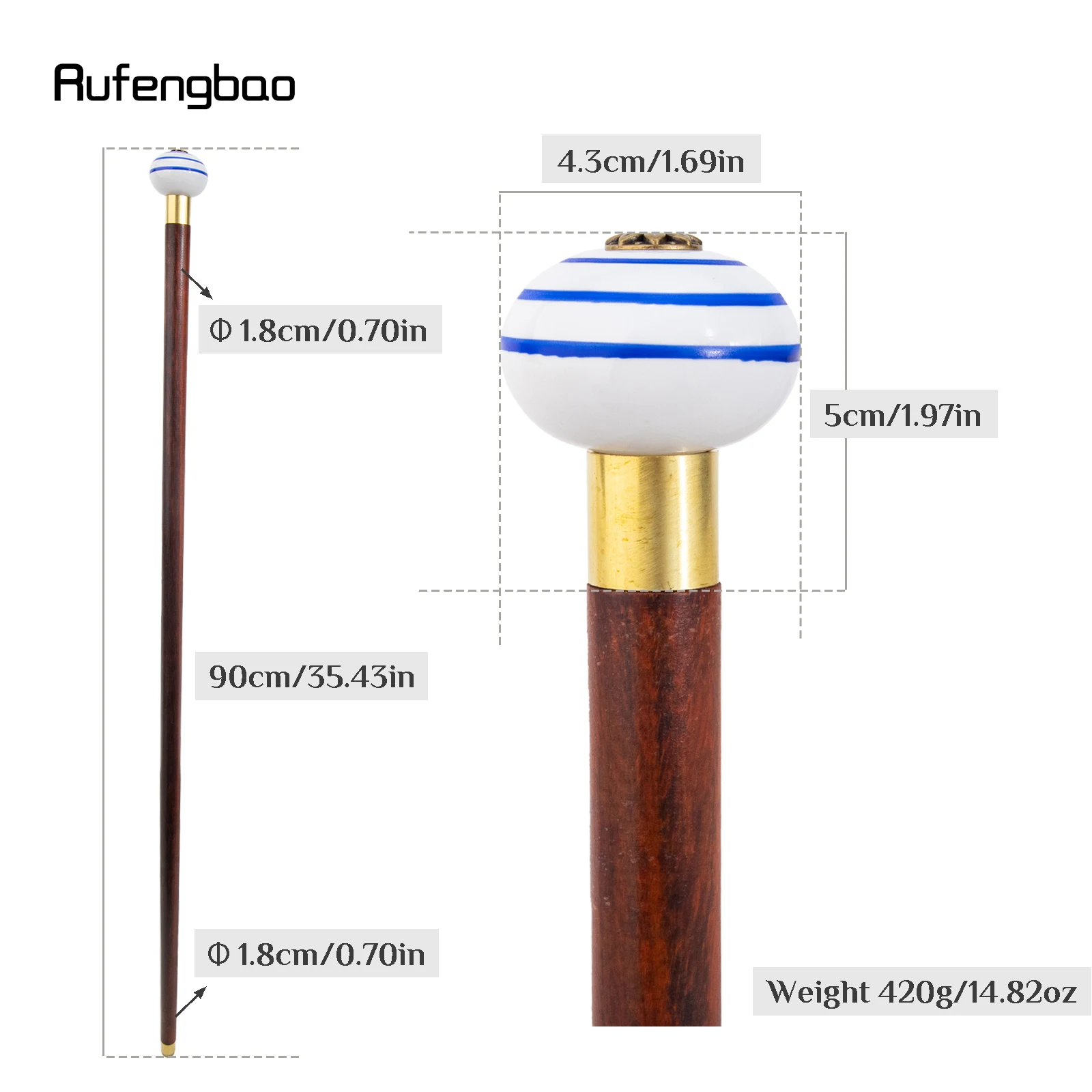 Blue White Ceramic Round Flower Head Wooden Single Joint Stick Decorative Cospaly Party Wood Cane Halloween Wand Crosier 90cm