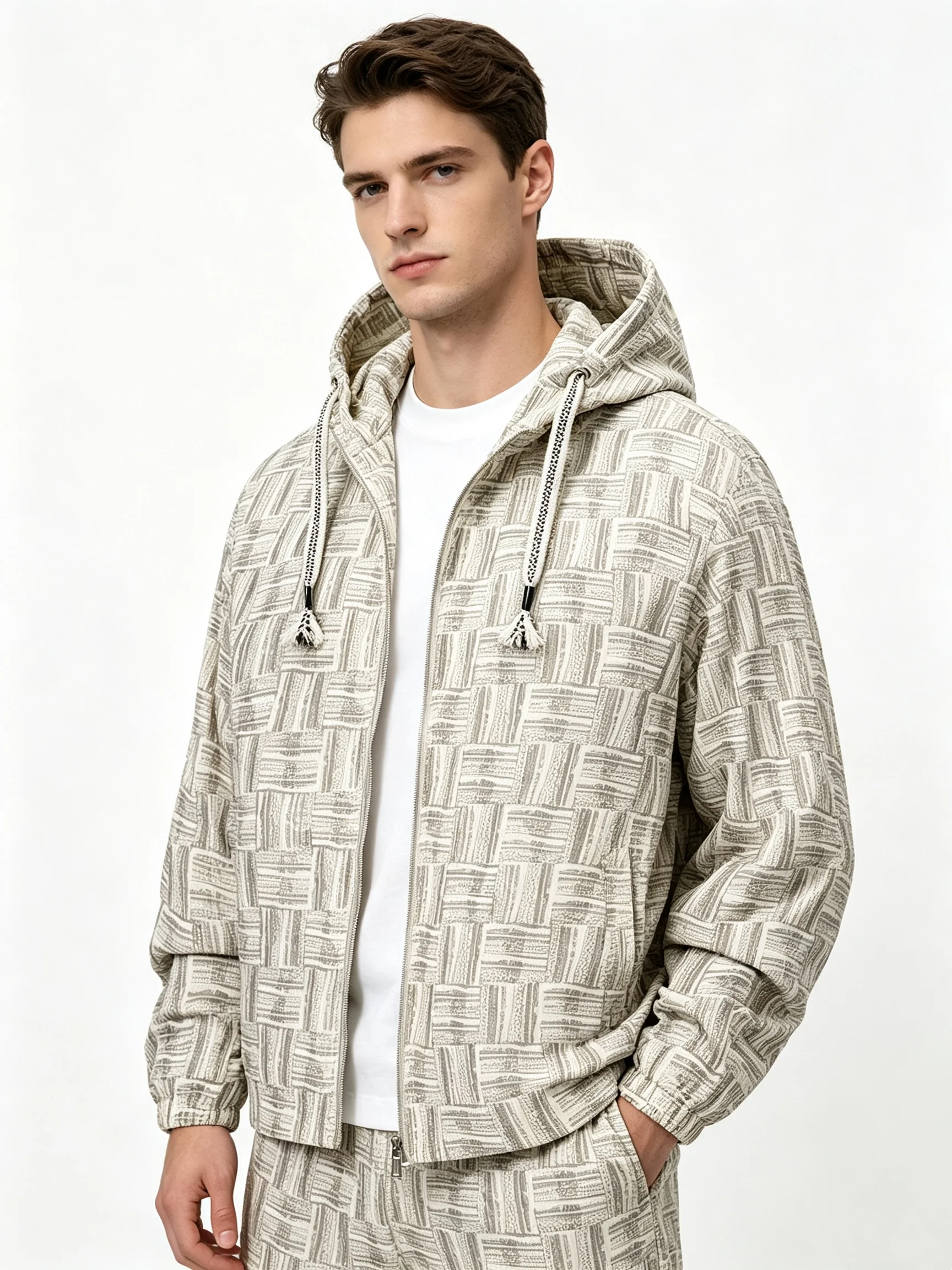 Light Beige Geometric Pattern Zip Front Hooded Jacket Adjustable Drawstring Breathable Windproof Outerwear For Mens Daily Outdoo