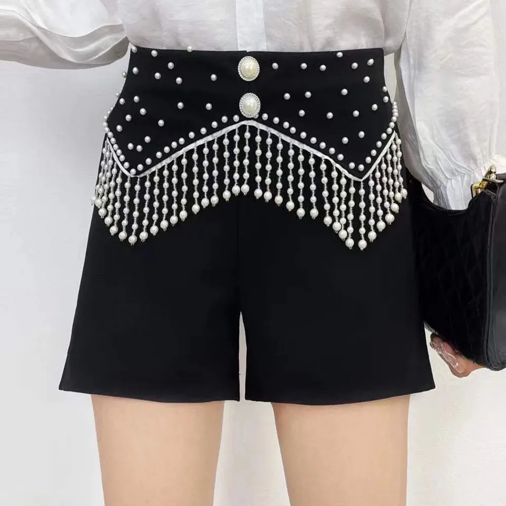 Summer New Beading Tassel Shorts Women Clothing Harajuku Buttons High Waist Short Pants Mujer Fashion Black Pantalones Cortos