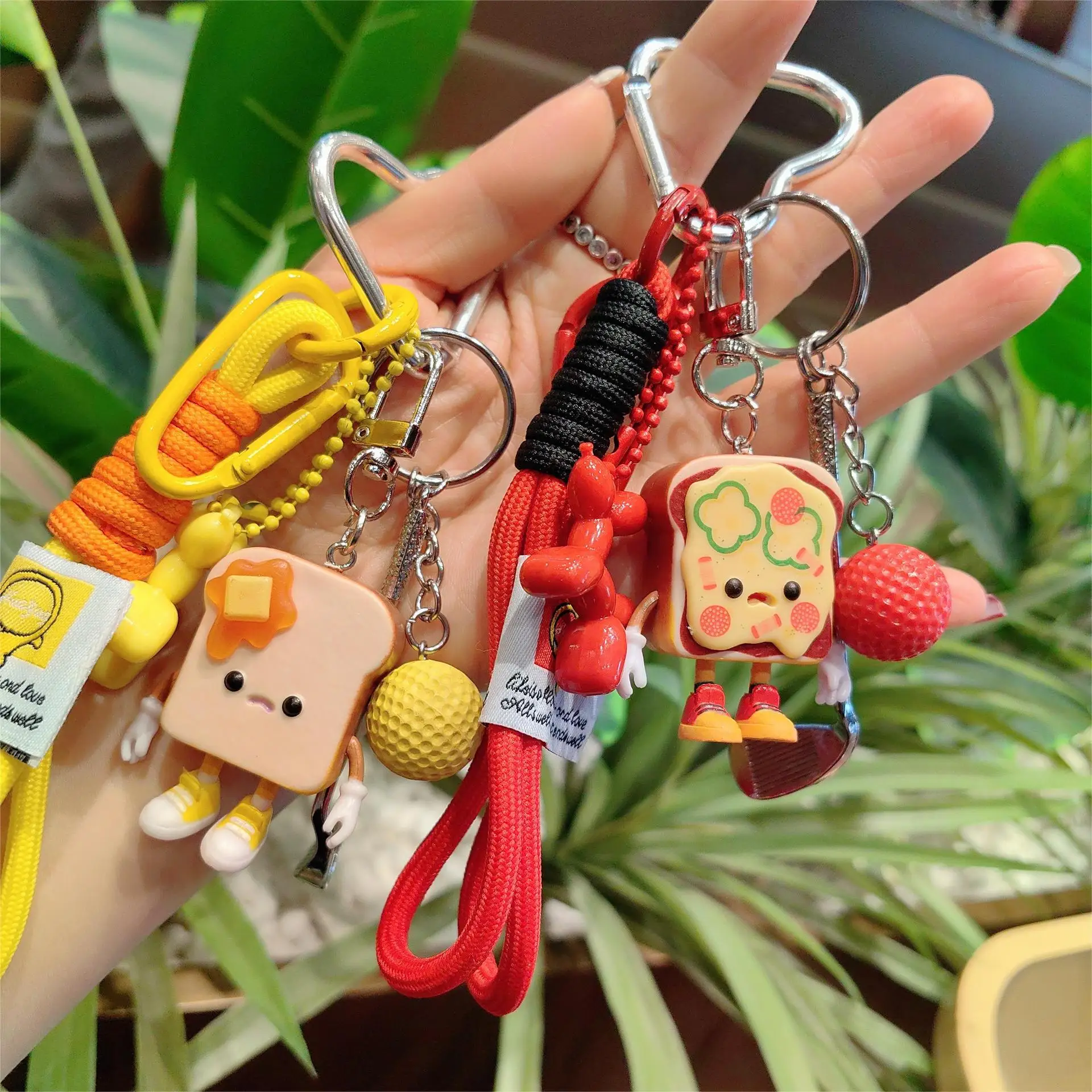 Kawai Cute Toast Boy Keychain Cute Bread Boy Golf Club Pendant Keyring Phone Lanyard Bag Car Charm Resin Key Chains Gift