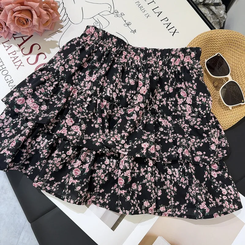 High Waist Vintage Fashion Solid Elastic Waist Harajuku Elegant Flower Streetwear Print A-line Mini Skirt Summer New