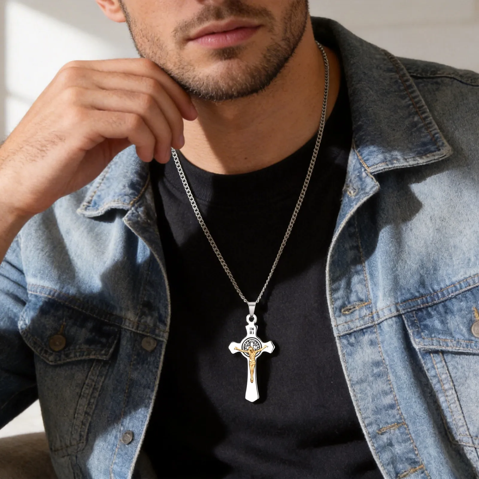 Vnox Saint Benedict Catholic Cross Pendant Necklace for Men Women, 50/60/70cm Stainless Steel Link Chain, Religious Jewelry Gift - view 2