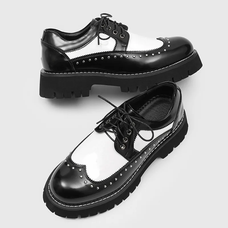 large size mens fashion stage nightclub platform shoes black white original leather derby shoe designer sneakers trendy footwear