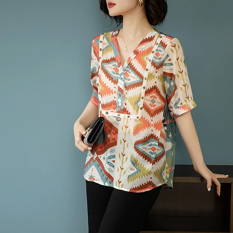 2024 New Summer Women\'s Vintage Fashion Print Blouse Elegant Short Sleeve Loose Shirt Casual V Neck Tunic Tops Blusas Para Mujer