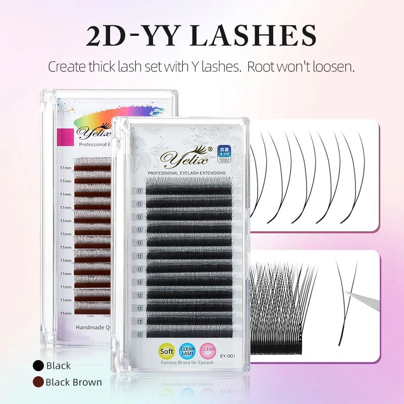 Yelix New 2D Volume Lashes Dark Brown Ultra-thin Y Lash Extension Lightweight Premade Fans Eyelash Extensions Single Tip 2D