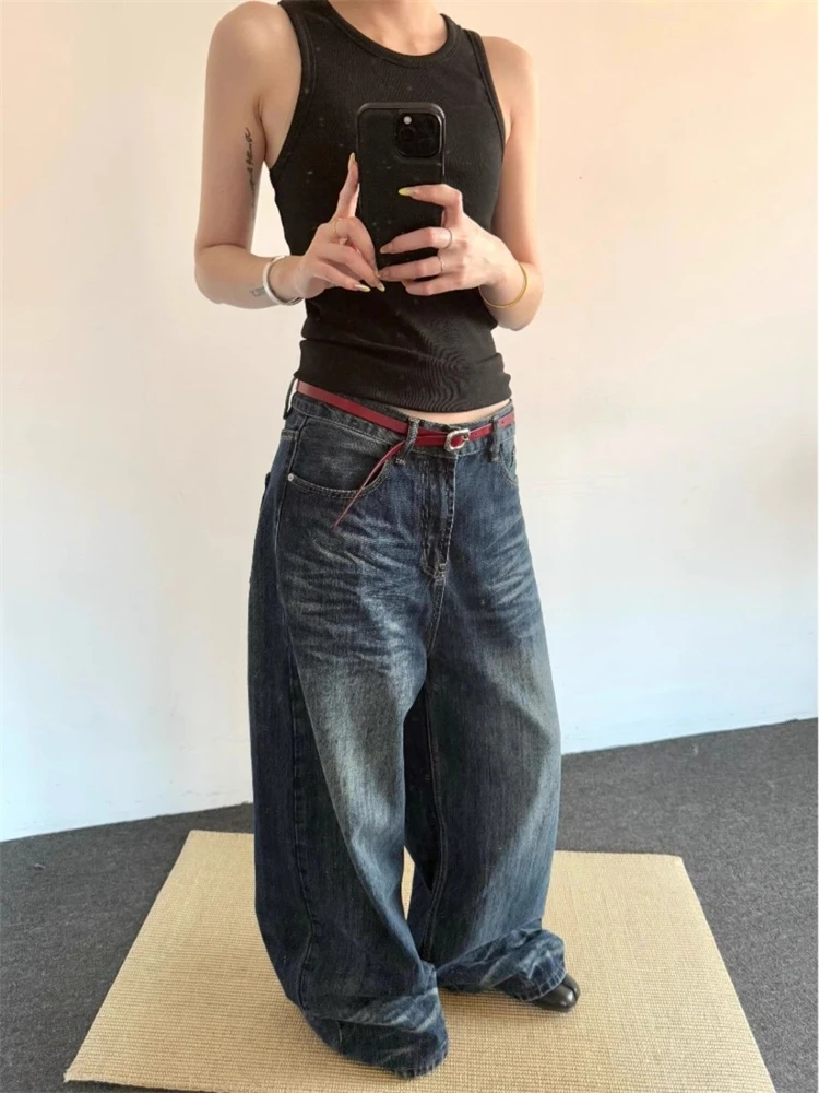女性のレトロブルーストレートだぶだぶのジーンズストリート日常着ヴィンテージズボンクールガールボトムス女性ハイウエストワイドレッグパンツ