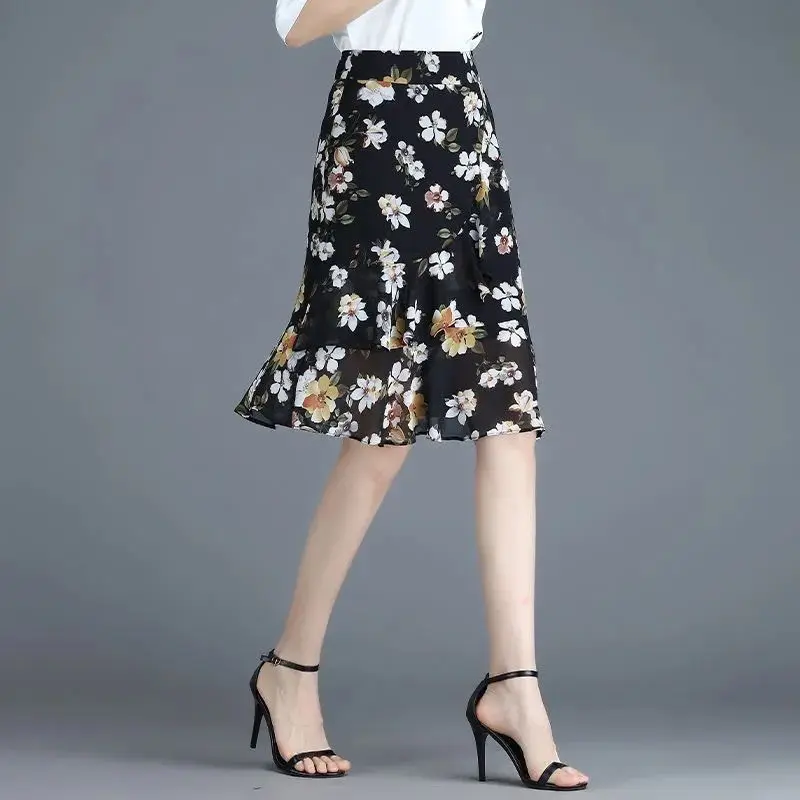 Women's Skirt Chiffon Floral Ruffle Midi Black Female Skirts Chic and Elegant Y2k Vintage Korean Fashion Casual Modest Style V