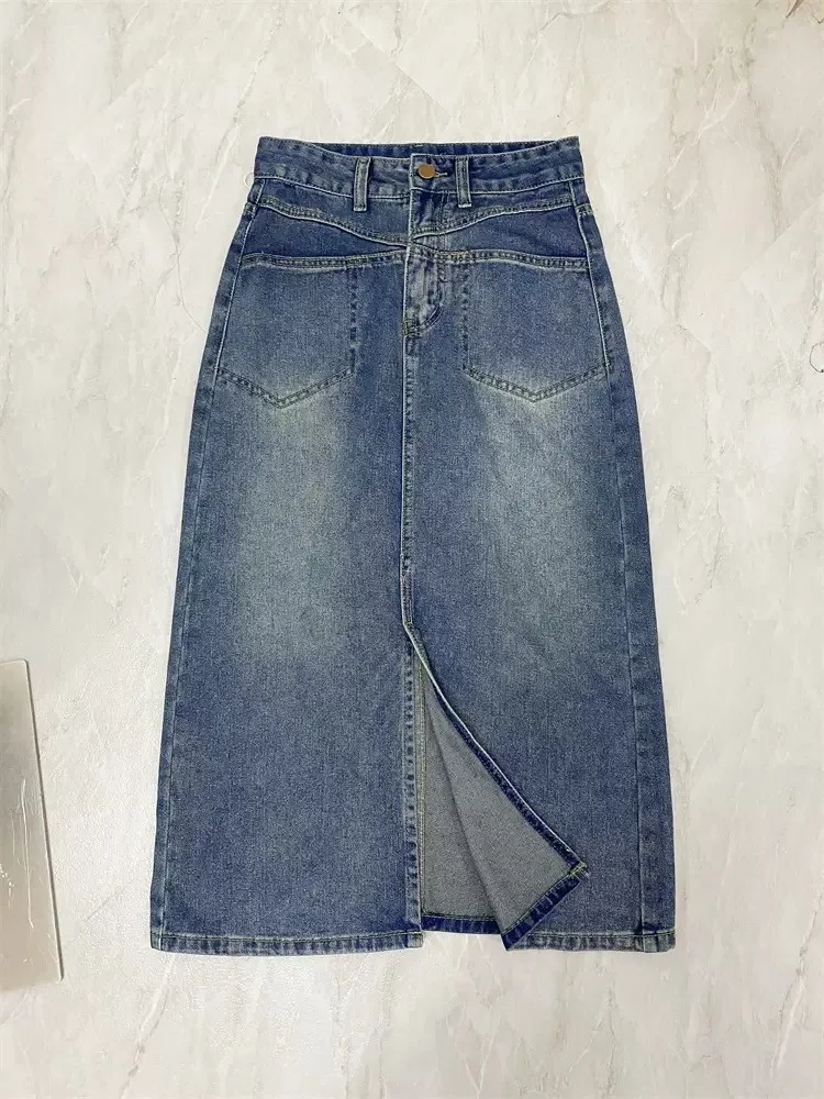 

Ретро джинсовая юбка с разрезом, женская, весна-лето, новая, с высокой талией, облегающая, средней длины, модная, синяя, А-силуэт, ковбойская, 2026