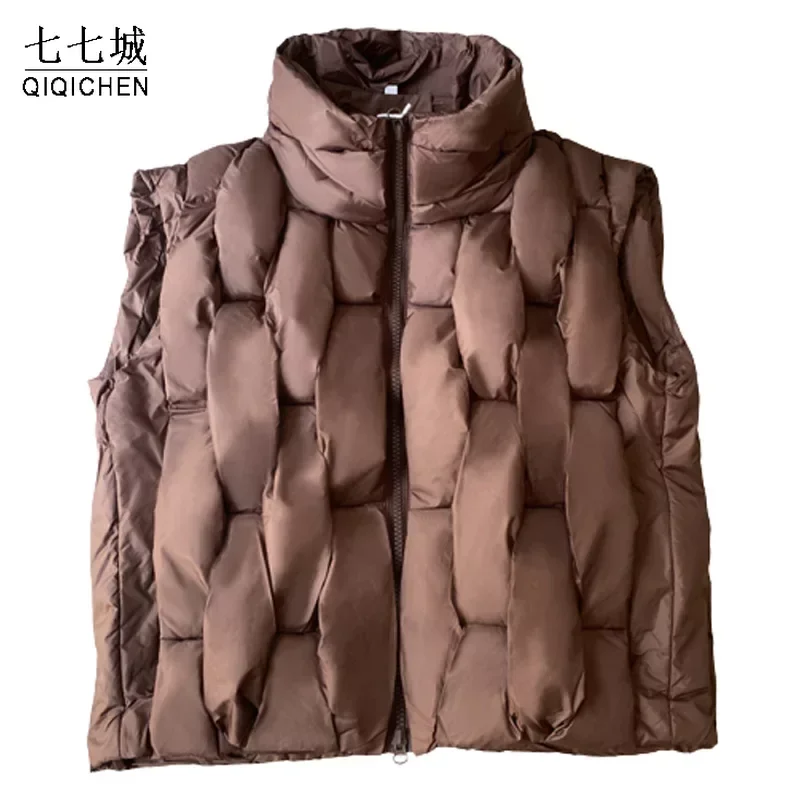 2023 Winter Down Vest Jacket Women Men Cotton Square Weave Stand Collar Sleeveless Parkas Korean Style Loose Warm Thick Coat