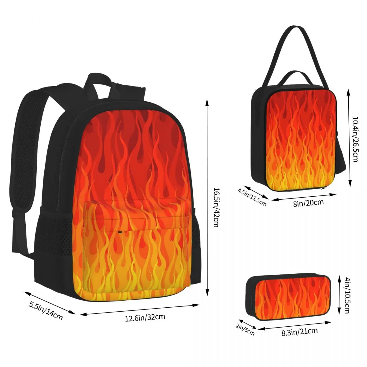 Red Orange Yellow Burning Flame And Fire Backpacks Kids Bookbag School Bags Rucksack Lunch Bag Pen Bag Three-Piece Set