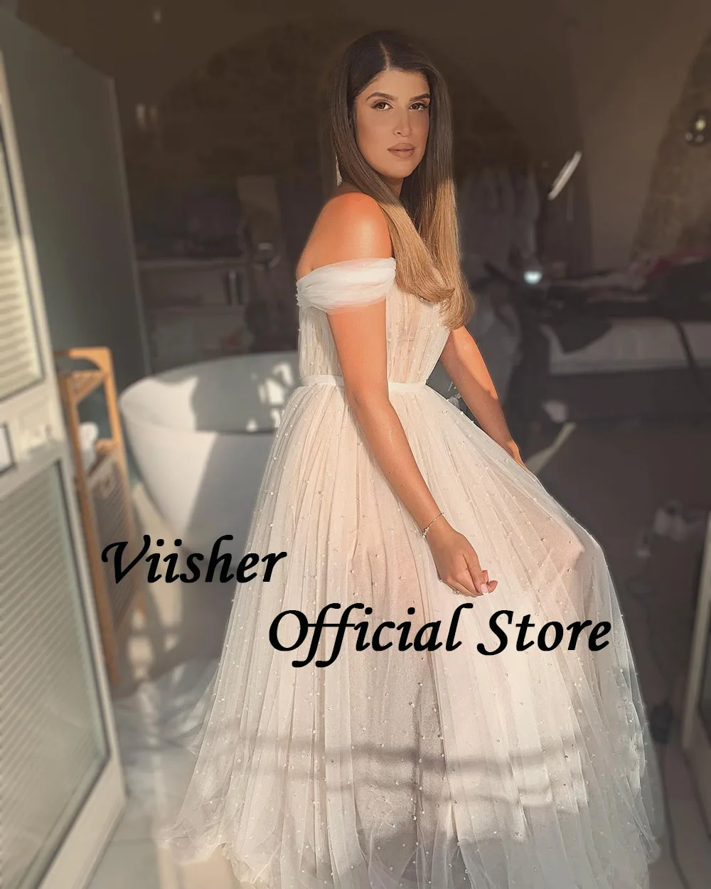 Viisher-vestidos de novia con hombros descubiertos para mujer, perlas blancas de tul con traje largo, línea A, personalizado, para fiesta